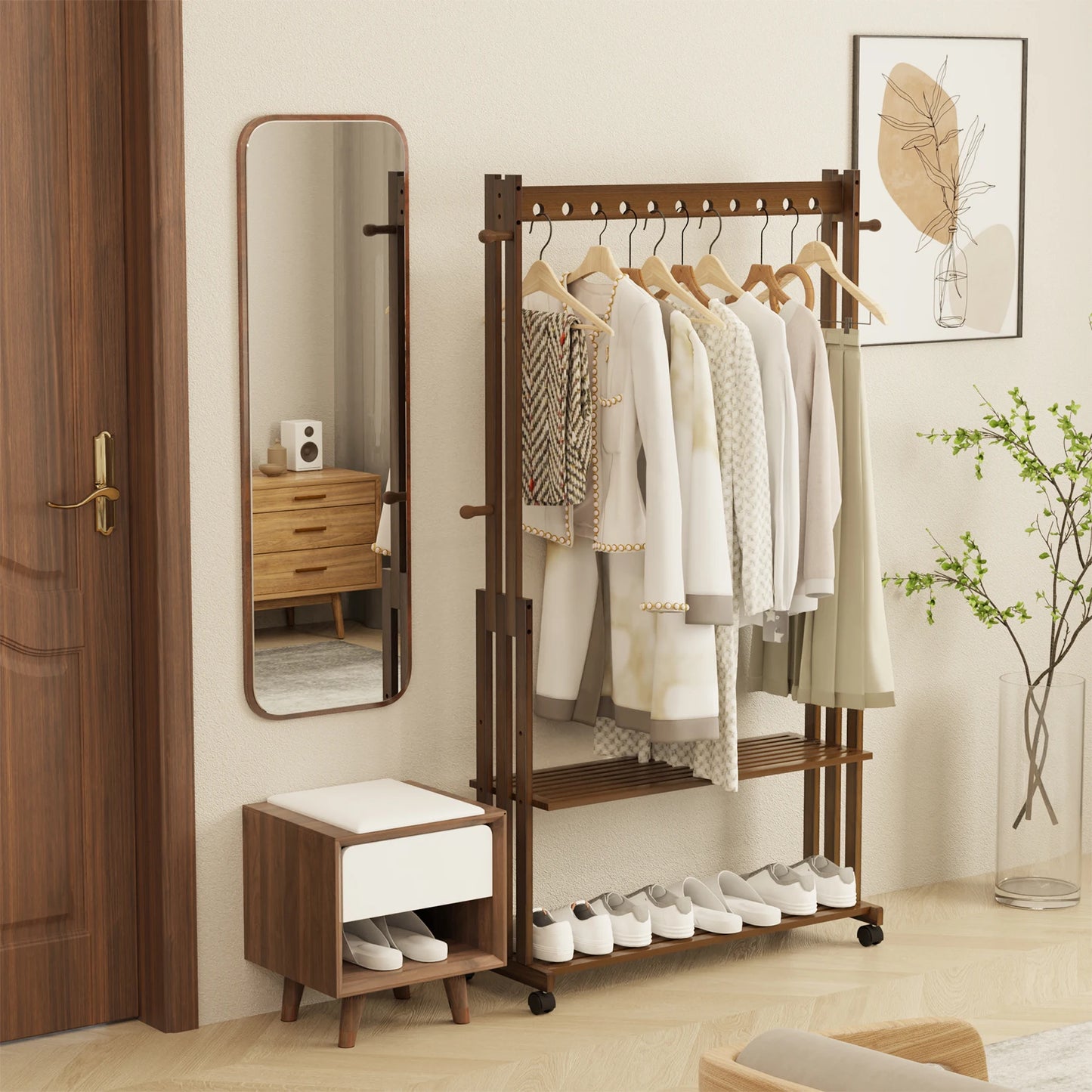 Portant vêtements en bois avec étagères & roulettes – AXIS LIGNI