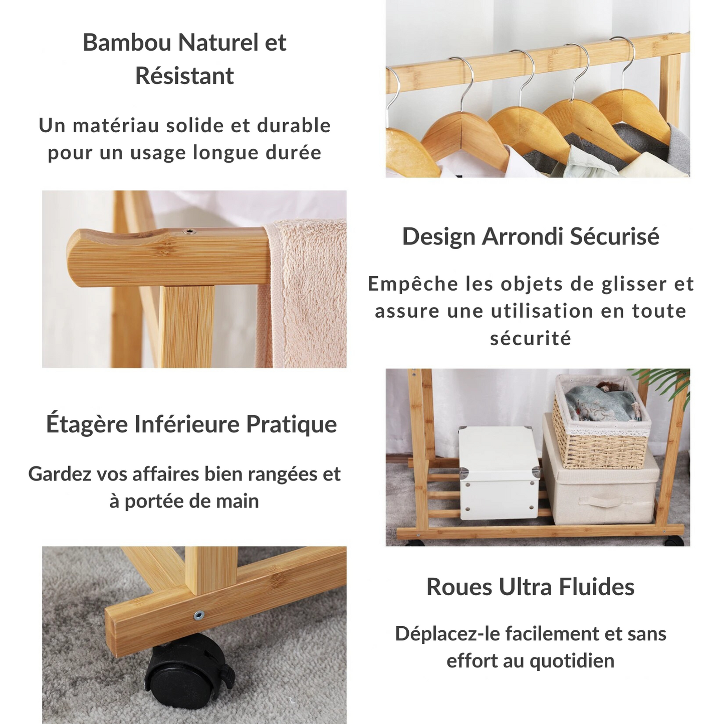 Portant vêtement à roulettes en bois de bambou - ROTALIS