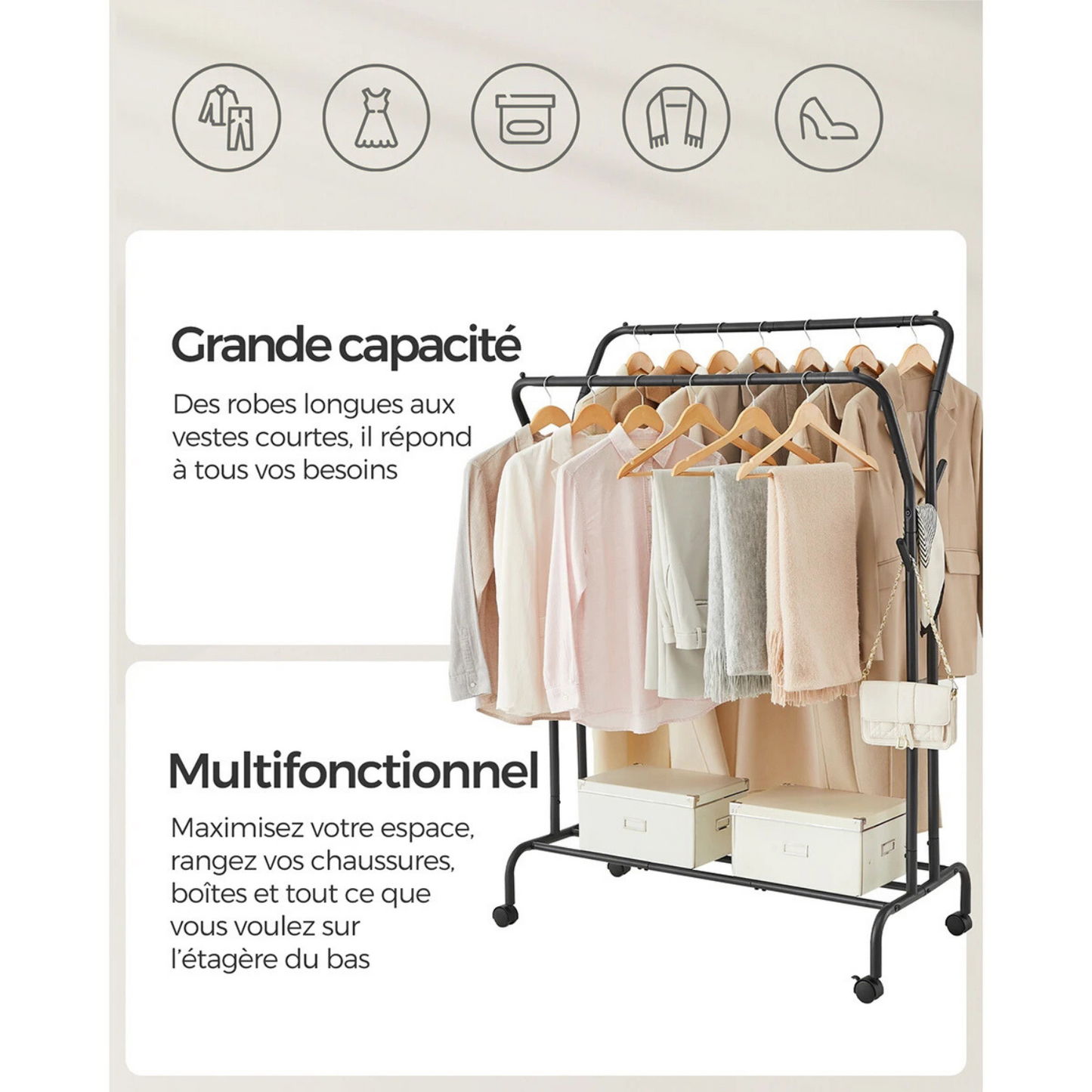 Portant vêtements noir et mobile double barre - DUPLEX RATIO