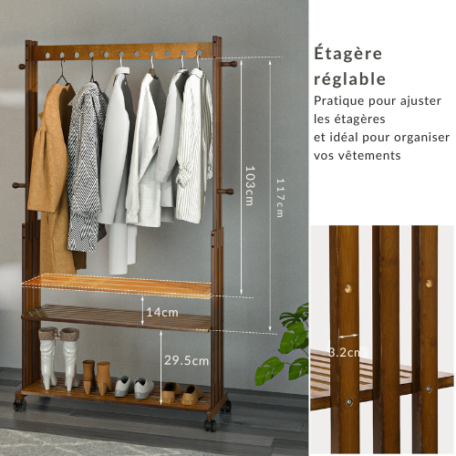 Portant vêtements en bois avec étagères & roulettes – AXIS LIGNI