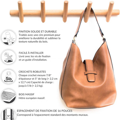 Porte manteau mural en bois style nordique - NATURALE