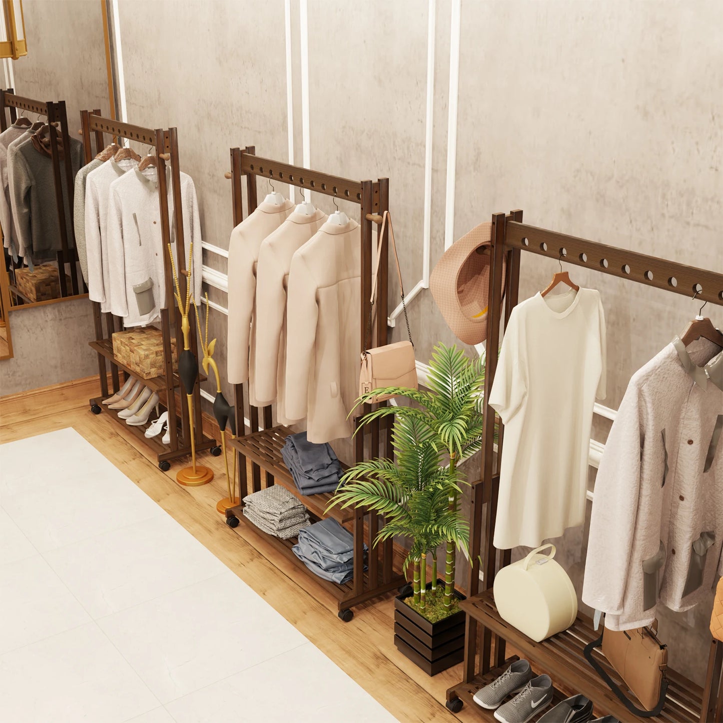 Portant vêtements en bois avec étagères & roulettes – AXIS LIGNI