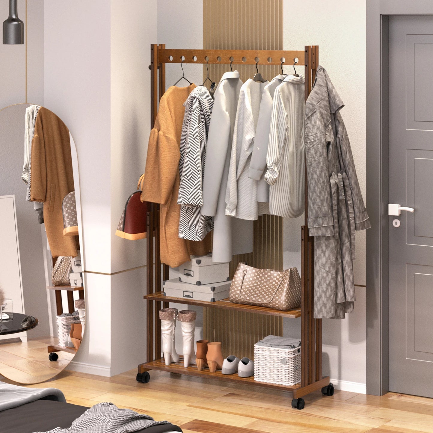 Portant vêtements en bois avec étagères & roulettes – AXIS LIGNI