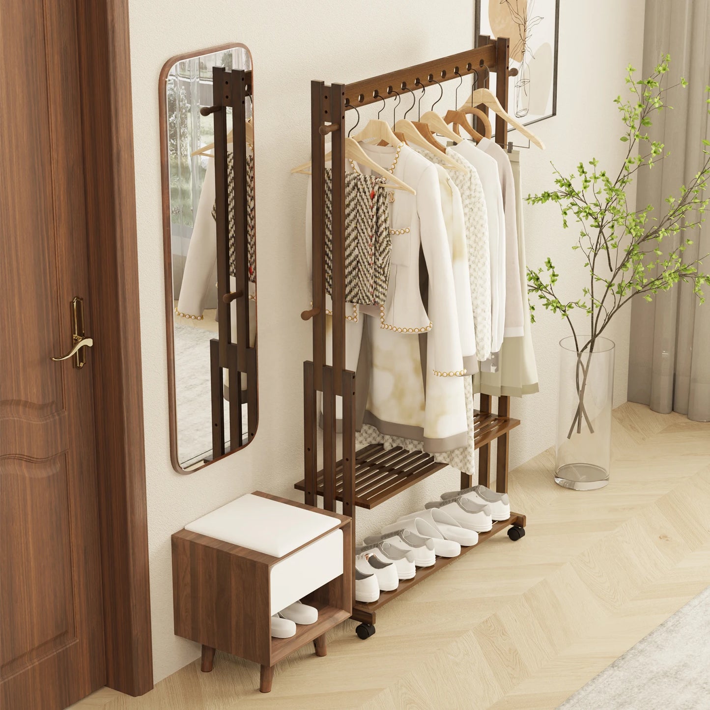 Portant vêtements en bois avec étagères & roulettes – AXIS LIGNI